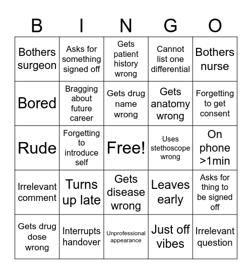 Med Student Bingo Card