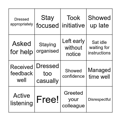 Work Etiquette Bingo Card
