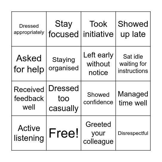 Work Etiquette Bingo Card