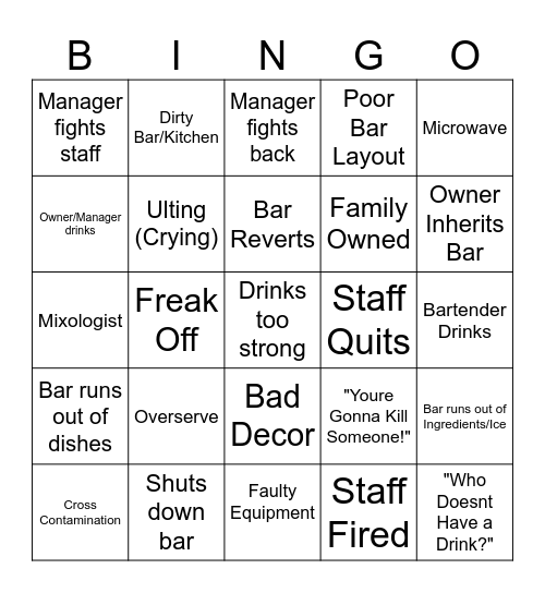 Bar Rescue Bingo Card