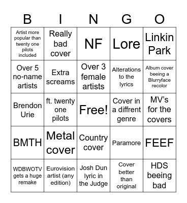 Tribute album Bingo Card