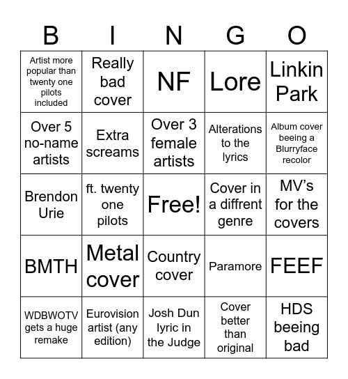 Tribute album Bingo Card