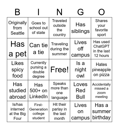 Networking Bingo Card