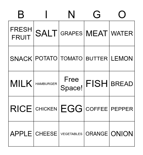 Countable and Uncountable Nouns Bingo Card