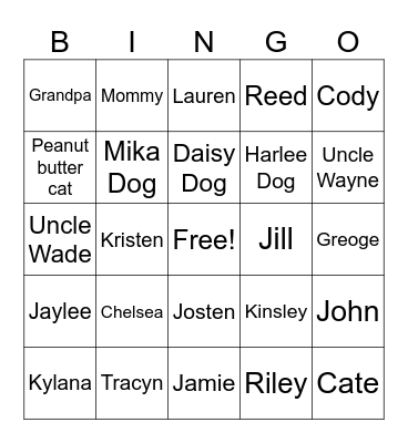 Family Friends Bingo Card
