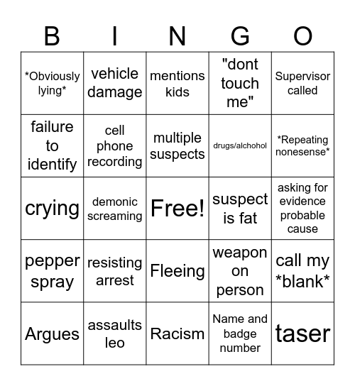 bodycam Bingo Card