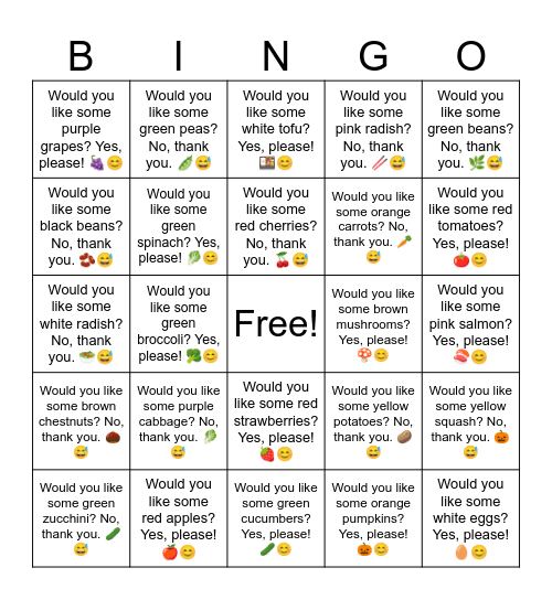 Would you like some white cauliflower? No, thank you. 🥦😅 Bingo Card