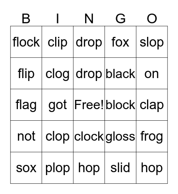 l-Blend, Short o Bingo Card