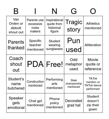 Graduation 2025 Bingo Card