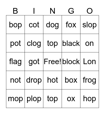 Short o Bingo Card