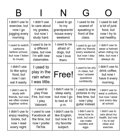 BINGO GAME: "I USED TO...." Bingo Card