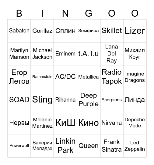 Группы/исполнители Bingo Card