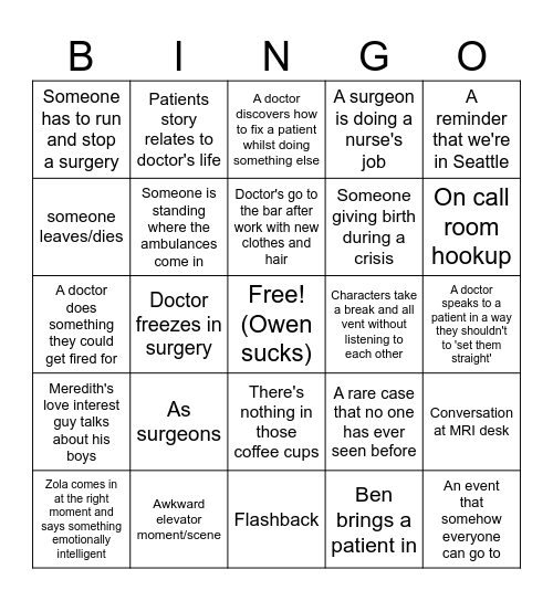Greys Anatomy Season 17 Bingo Card