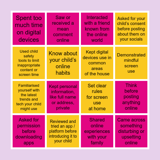 Raising Children in the Digital Age Bingo Card