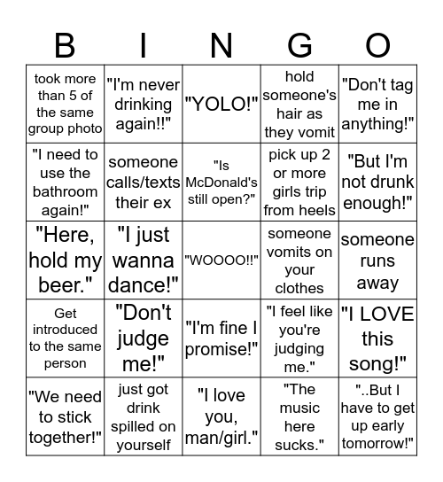 Designated Driver Bingo Card