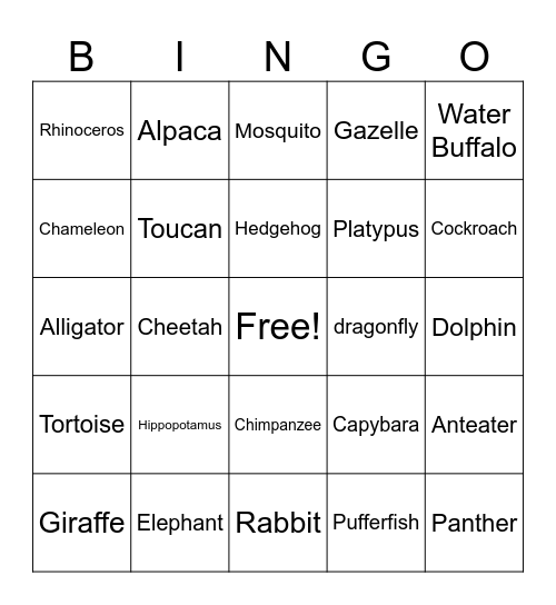 Advanced Animal Bingo Card