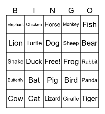 ANIMAL BINGO Card