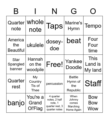Mrs. Hardt's Memorial Day/ music review Bingo Card