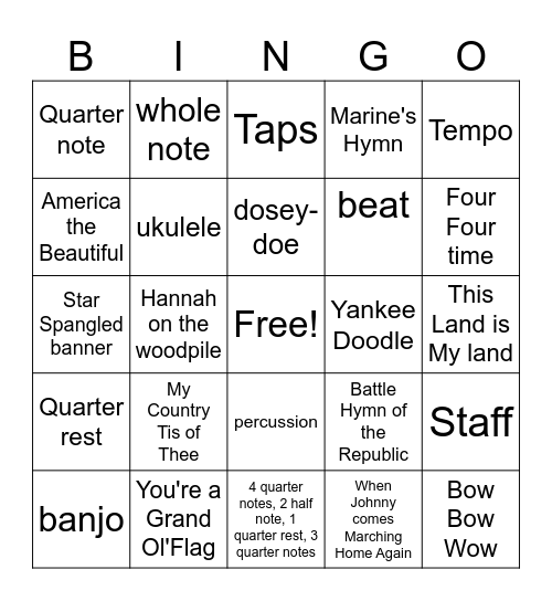 Mrs. Hardt's Memorial Day/ music review Bingo Card