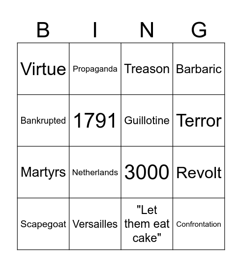French Revolution Bingo Card