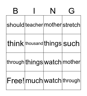 Digraphs: ch/sh/th/tch Bingo Card