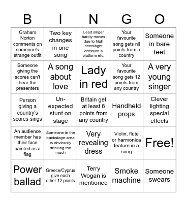 Eurovision Bingo Card