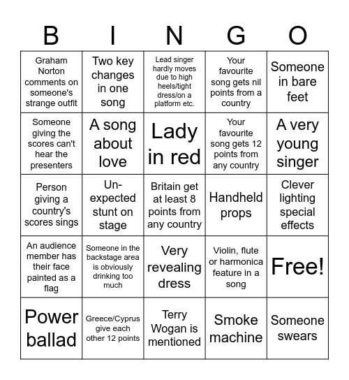 Eurovision Bingo Card