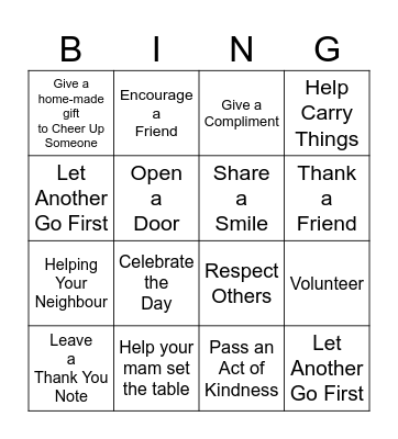 Random Acts of Kindness Bingo Card