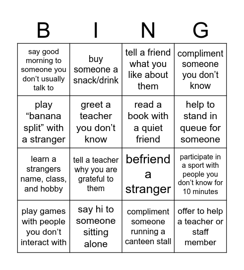 kindness Bingo Card