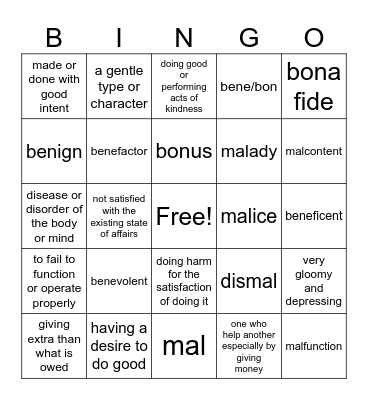 Latin Root Word Bingo: Bene/Bon and Mal Bingo Card