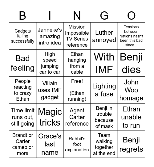 Mission Impossible Bingo Card