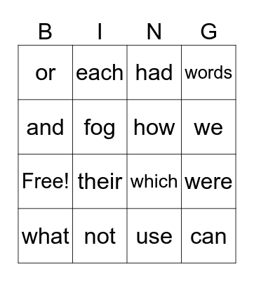 Sight Words Bingo Card