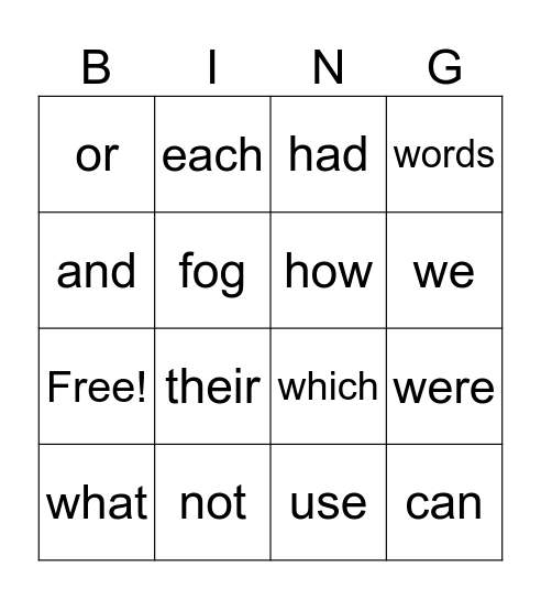 Sight Words Bingo Card
