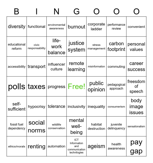 ISE III VOCAB Bingo Card