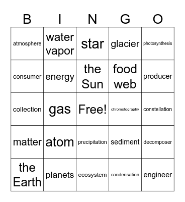 End of Year Science Bingo Card