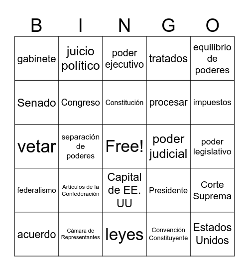 La Constitución de EE. UU. Bingo Card