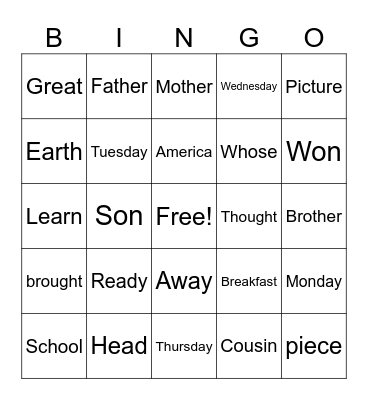 Trick Word Bingo Card