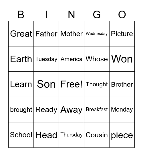 Trick Word Bingo Card