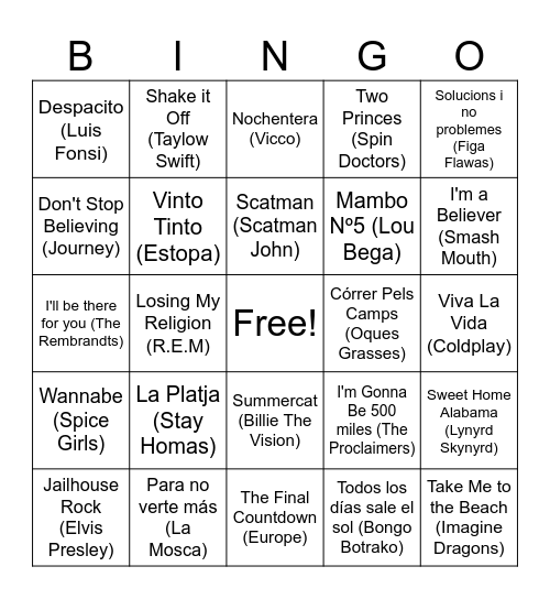 Bingo Musical DMS Bingo Card