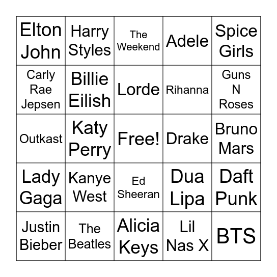 Music Artist Bingo Card