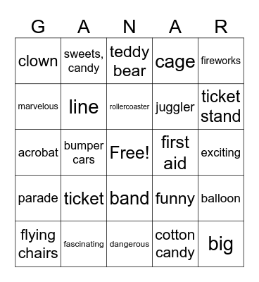 El Circo y el Parque de Attraciones Vocabulary (SPA-->ENG) Bingo Card