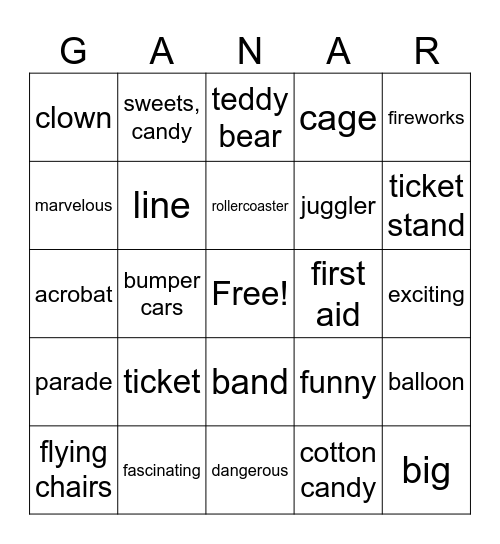 El Circo y el Parque de Attraciones Vocabulary (SPA-->ENG) Bingo Card