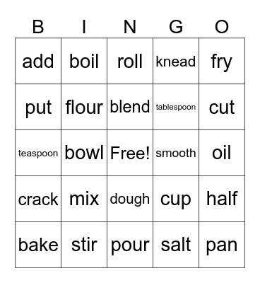 Cooking Bingo Card