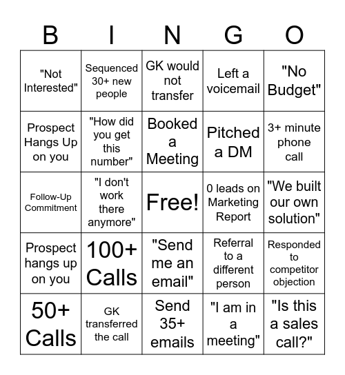 Cold Call Bingo Card
