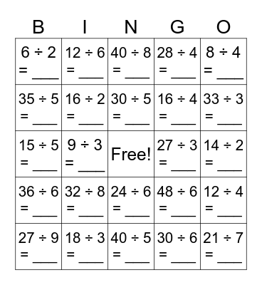 Year 3 Division Bingo Card