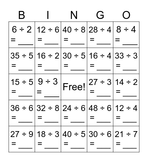 Year 3 Division Bingo Card