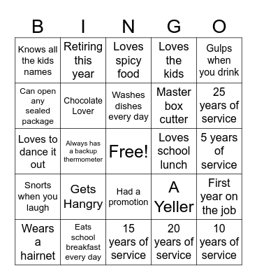 Nutrition Dept Bingo Card