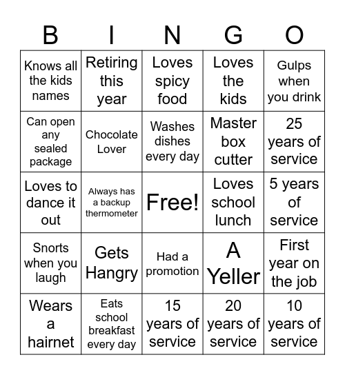 Nutrition Dept Bingo Card