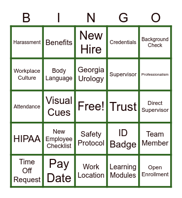 Orientation Bingo Card