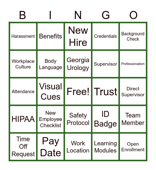 Orientation Bingo Card